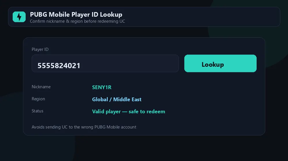 PUBG Mobile player ID lookup showing the nickname and region before UC is redeemed